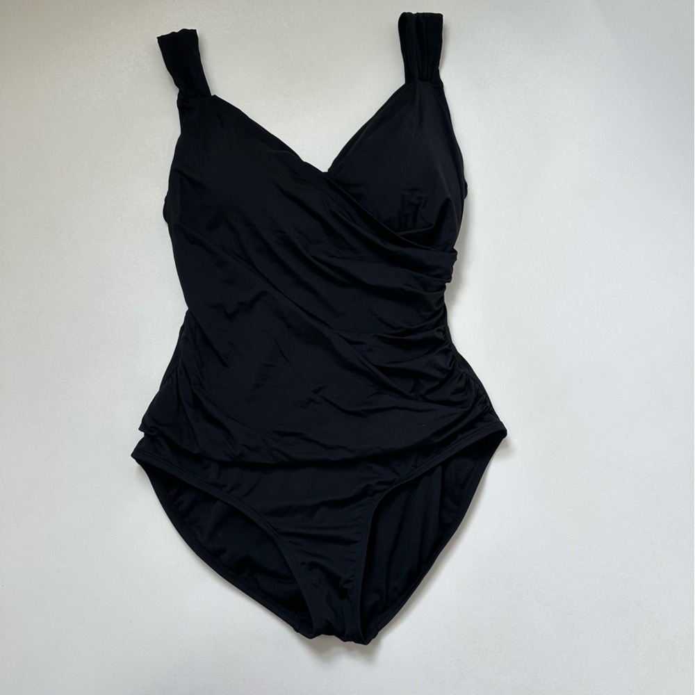 Jantzen Black Faux Wrap Tummy Control One Piece Bathing Suit Womens Size 14